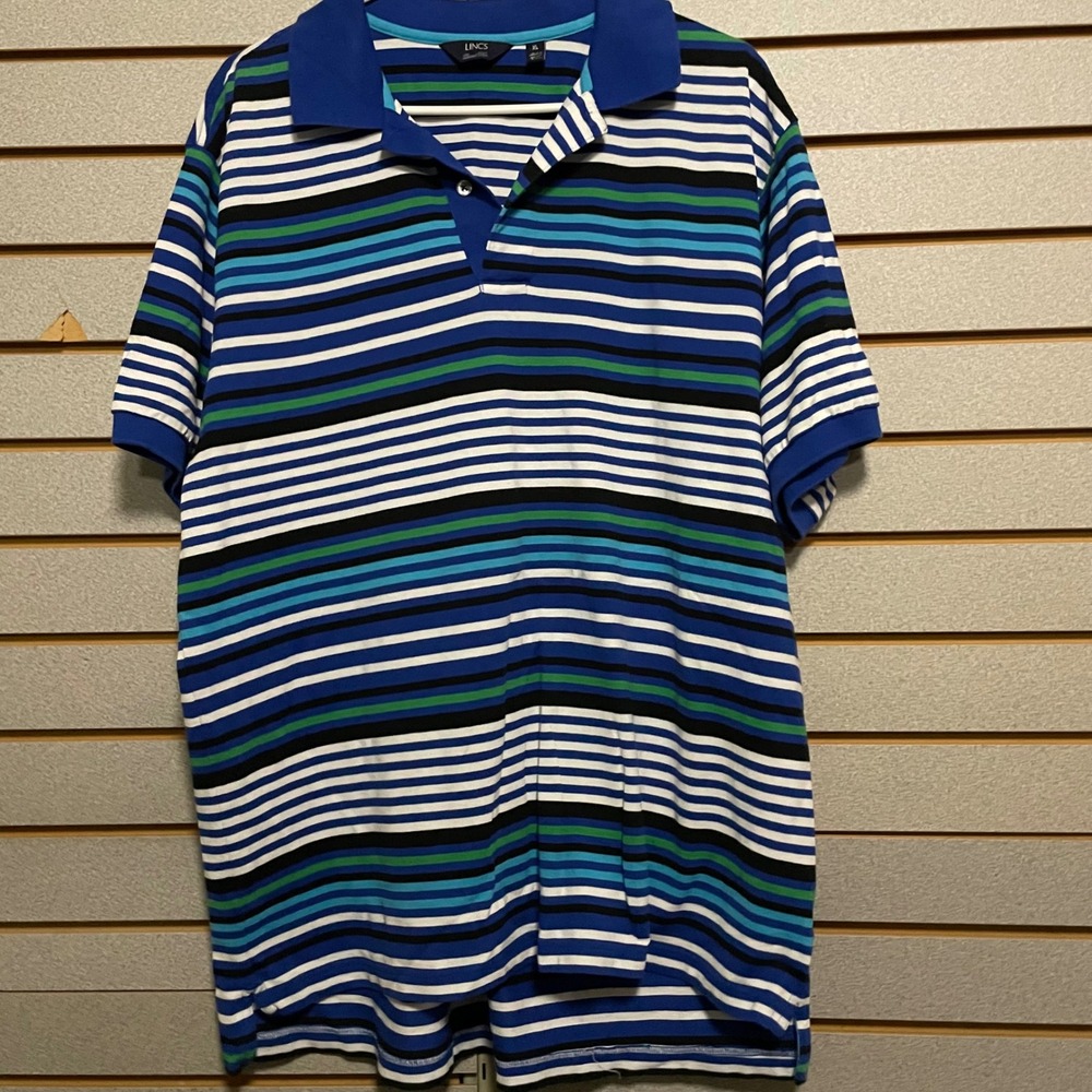 LINCS David‎ Chu Mens XL Blue Green Striped Short Sleeve Polo Shirt Casual